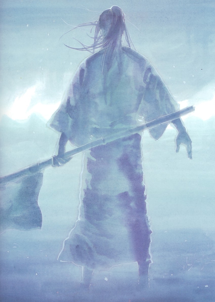 absurdres belt blue_theme flag flag_pole from_behind halo highres inoue_takehiko japanese_clothes kimono long_hair male_focus monochrome ponytail sasaki_kojirou standing vagabond