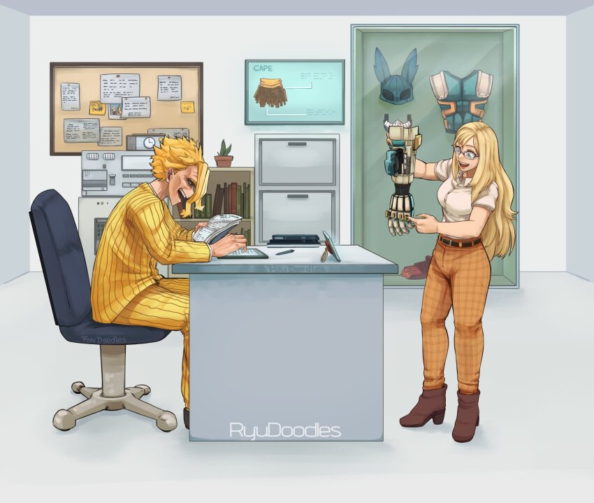 1boy 1girl artist_name belt black_belt black_sclera blonde_hair blue_eyes boku_no_hero_academia book boots brown_boots bulletin_board cabinet chair cheekbones collared_shirt colored_sclera commentary desk display_case emaciated english_commentary formal_clothes from_side full_body glasses highres indoors long_hair looking_at_object melissa_shield monitor office_chair orange_pants pants pinstripe_pattern pinstripe_suit plaid_clothes plaid_pants plant potted_plant reading ryudoodles shirt short_hair short_sleeves sidelocks sitting smile standing suit superhero_costume swivel_chair table teeth upper_teeth_only white_shirt yagi_toshinori yellow_suit