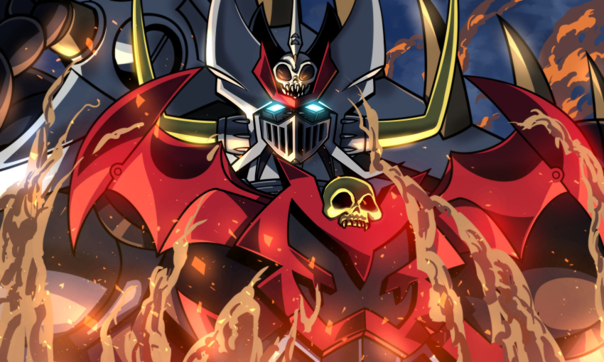 blue_eyes embers glowing glowing_eyes highres jazz_jack mazinger_(series) mazinkaiser mazinkaiser_skl mazinkaiser_skl_(mecha) mecha no_humans robot science_fiction skull smoke solo super_robot upper_body v-fin