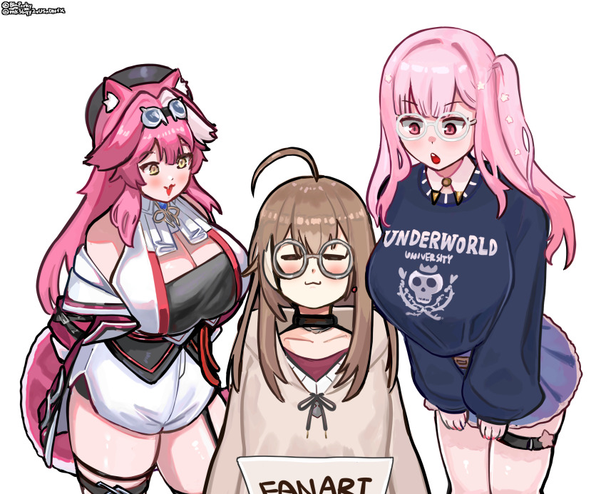 3girls :3 absurdres animal_ears ascot bandeau beret black_bandeau black_choker black_hat blaparky blue_jacket blush breasts brown_hair brown_hoodie cardigan choker cleavage closed_eyes closed_mouth coat collarbone commentary english_commentary fangs fingernails glasses goggles goggles_on_head grey-framed_eyewear hat highres hololive hololive_english hood hoodie huge_breasts jacket leaning_forward long_hair long_sleeves mori_calliope mori_calliope_(kawaiiope) multicolored_hair multiple_girls nail_polish nanashi_mumei nanashi_mumei_(casual) one_side_up open_mouth panther_ears panther_girl panther_tail pink_coat pink_eyes pink_hair pink_nails pink_shirt purple_skirt raora_panthera raora_panthera_(1st_costume) round_eyewear shirt shorts simple_background skirt skull_print sleeves_past_wrists smile streaked_hair tail teeth thigh_strap twitter_username upper_teeth_only vest virtual_youtuber white-framed_eyewear white_ascot white_background white_cardigan white_hair white_shorts white_vest yellow_eyes