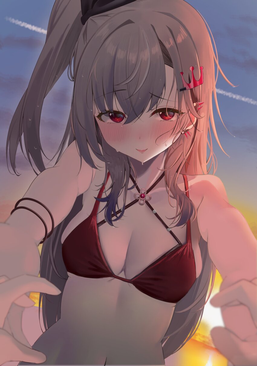 1girl 1other absurdres alternate_costume bikini black_bow blush bow breasts cleavage closed_mouth commentary_request criss-cross_halter double-parted_bangs earclip grey_hair hair_between_eyes hair_bow hair_ornament hairclip halterneck highres hololive hololive_dev_is isaki_riona long_hair looking_at_viewer medium_breasts multi-strapped_bikini_top navel nekoi_(nekoi_0116) one_side_up outdoors pov pov_hands reaching reaching_towards_viewer red_bikini red_eyes sidelocks sky solo_focus spiked_ear_piercing swimsuit upper_body virtual_youtuber wet wet_hair