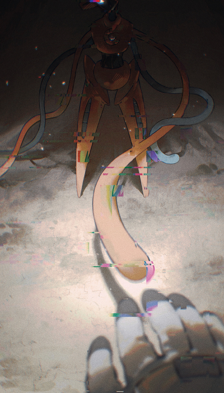 absurdres blank_eyes chromatic_aberration deoxys deoxys_(normal) full_body gen_3_pokemon glitch gloves glowing glowing_eyes hand_up highres mythical_pokemon nintendo one_eye_in_shadow pokemon pokemon_(creature) pokemon_focus pov reaching reaching_towards_another standing tendril tendril_arm white_gloves wulie_errr