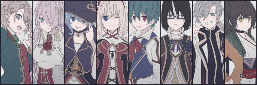 3boys 5girls adah_(grimms_notes) aqua_eyes aqua_hair black_hair blonde_hair blue_eyes blue_hair breasts brown_hair closed_mouth clovis_(grimms_notes) ex_(grimms_notes) fam_(grimms_notes) glasses green_eyes grey_streaks grimms_notes iumi_urura long_hair looking_at_viewer medium_hair multicolored_hair multiple_boys multiple_girls pink_hair purple_eyes red_eyes reina_(grimms_notes) shane_(grimms_notes) short_hair smile tao_(grimms_notes) third_(grimms_notes) tongue tongue_out two-tone_hair upper_body yellow_eyes