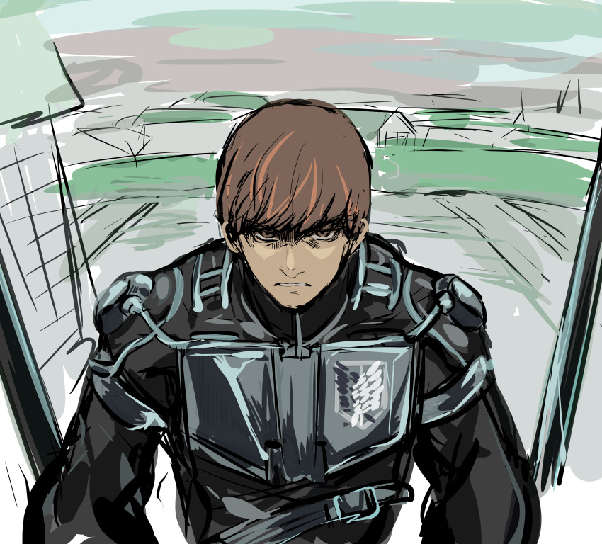 absurdres floch_forster grass highres house looking_at_viewer paradis_military_uniform shimura_(hosshi) shingeki_no_kyojin solo