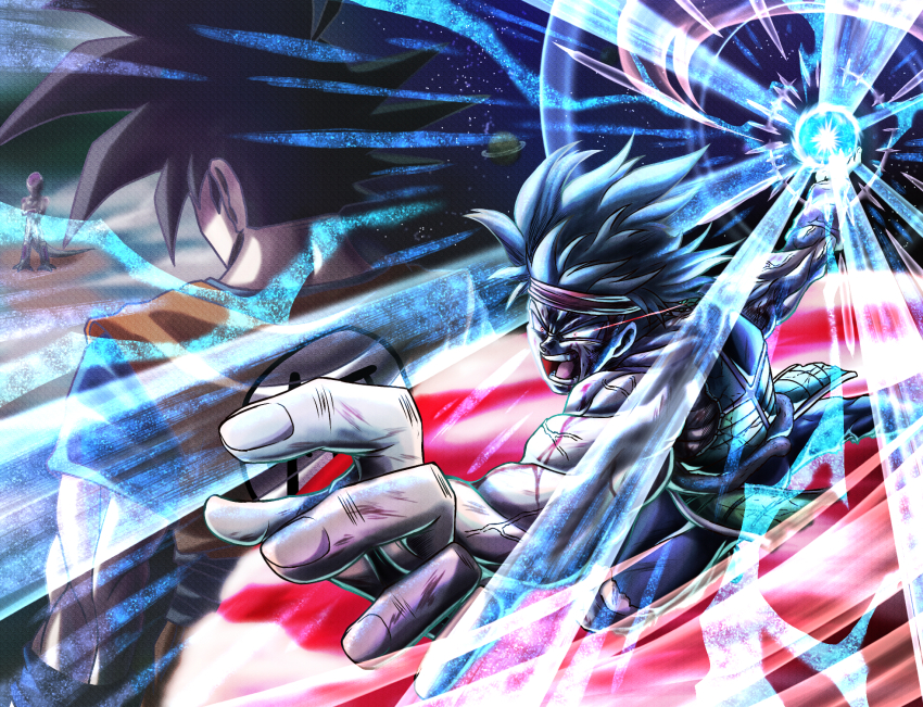 3boys alien angry bandana bardock blood blue_shirt commentary_request cracked_armor dougi dragon_ball dragonball_z energy_ball eye_trail father_and_son final_form_frieza frieza furious highres injury light_trail male_focus medium_hair multiple_boys muscular muscular_male open_mouth orange_dougi pants planet planetary_ring red_bandana red_eyes saiyan saiyan_armor shirt short_sleeves son_goku spiked_hair teeth tongue torn_clothes torn_pants user_srft3542 v-shaped_eyebrows veins veiny_arms