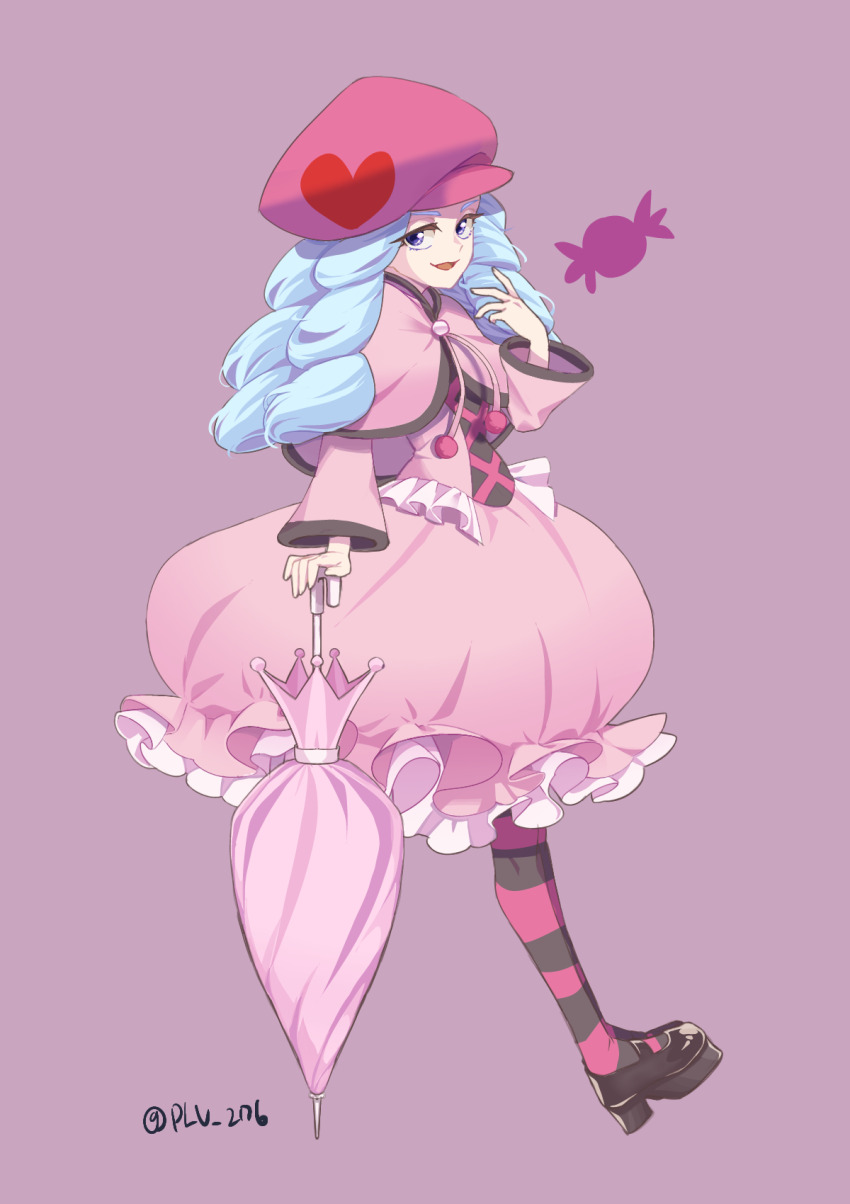 1girl :d beret black_shoes blue_eyes blue_hair bubble_skirt capelet closed_umbrella dress frilled_dress frills full_body happinesscharge_precure! hat highres hosshiwa leaning_back long_hair looking_at_viewer open_mouth pantyhose pink_capelet pink_dress pink_hat pink_umbrella plv_276 precure purple_background ringlets shoes simple_background skirt smile solo striped_clothes striped_pantyhose twitter_username umbrella