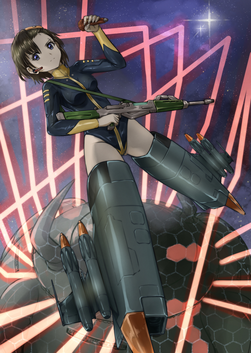 absurdres blue_eyes breasts brown_hair closed_mouth earpiece flying gun highres leotard looking_at_viewer memory_(prophet5) military_uniform neuroi original rifle short_hair sky small_breasts star_(sky) starry_sky striker_unit uchuu_senkan_yamato weapon world_witches_series