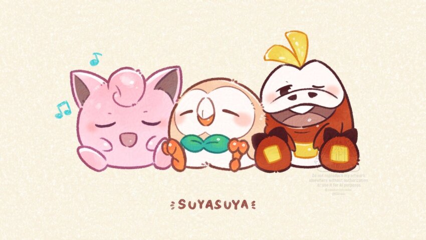 3others closed_eyes closed_mouth fuecoco gen_1_pokemon gen_7_pokemon half-closed_eyes jigglypuff multiple_others musical_note nintendo no_humans one_eye_closed open_mouth pastel_colors pokemon pokemon_(creature) rcitizen4 rowlet sitting sleeping sleeping_upright sleepy tagme