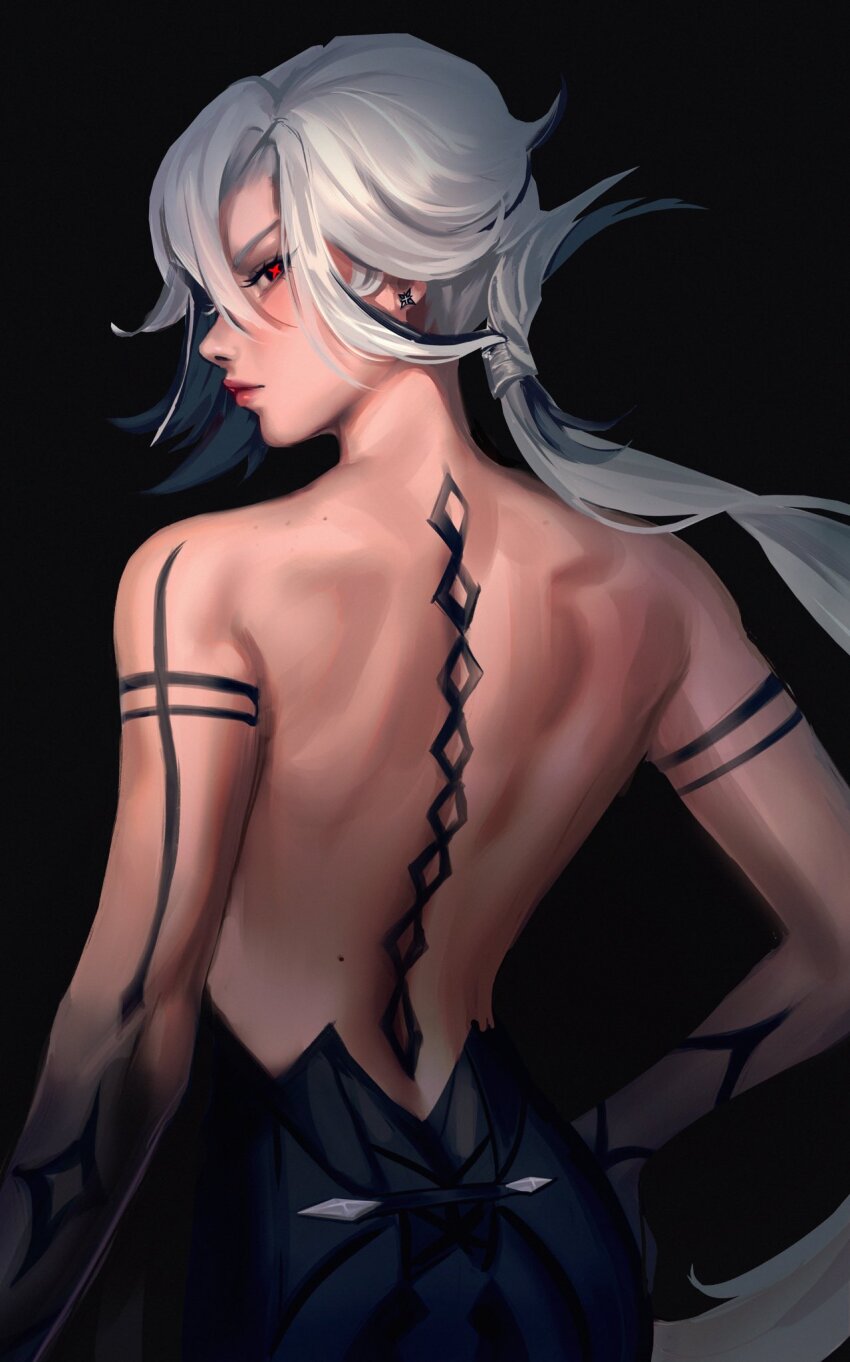 1girl arlecchino_(genshin_impact) bare_back bare_shoulders bellsadonnaaaa black_background black_eyes black_hair black_pants black_streaks colored_extremities commentary cowboy_shot cross-shaped_pupils earrings english_commentary from_behind genshin_impact grey_hair hand_on_own_hip highres jewelry long_hair looking_at_viewer looking_back mole mole_on_back multicolored_hair pants parted_lips ponytail red_pupils simple_background solo streaked_hair symbol-shaped_pupils turning_head