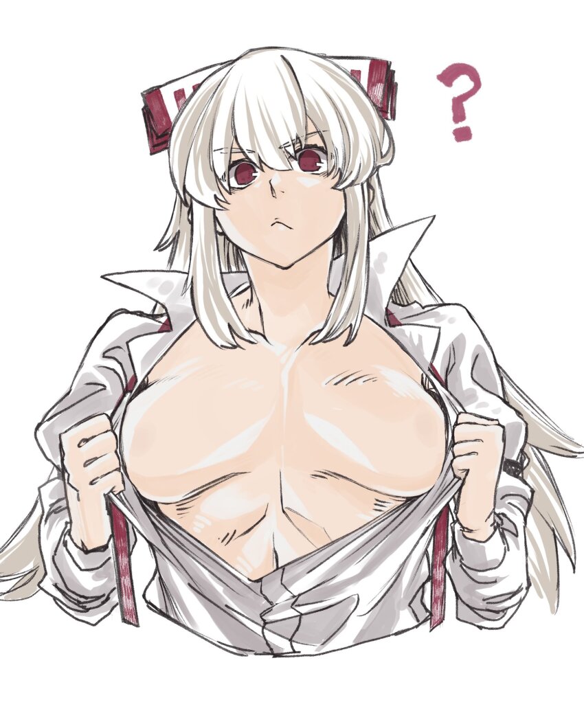 1girl ? abs akino_tsuki bow breasts confused fujiwara_no_mokou highres long_sleeves red_eyes shiny_skin touhou undressing upper_body white_hair
