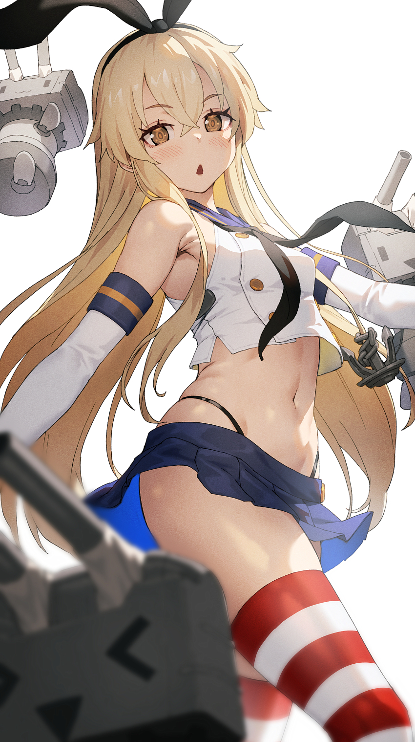 1girl absurdres anchor_hair_ornament black_neckerchief black_panties blonde_hair blue_skirt blush breasts chestnut_mouth chyko crop_top elbow_gloves gloves hair_between_eyes hair_ornament hairband highleg highleg_panties highres kantai_collection long_hair looking_at_viewer microskirt midriff navel neckerchief panties pleated_skirt red_thighhighs rensouhou-chan sailor_collar shimakaze_(kancolle) shirt simple_background skirt sleeveless sleeveless_shirt small_breasts solo standing stomach striped_clothes striped_thighhighs thighhighs thong underwear very_long_hair white_background white_gloves white_shirt white_thighhighs yellow_eyes