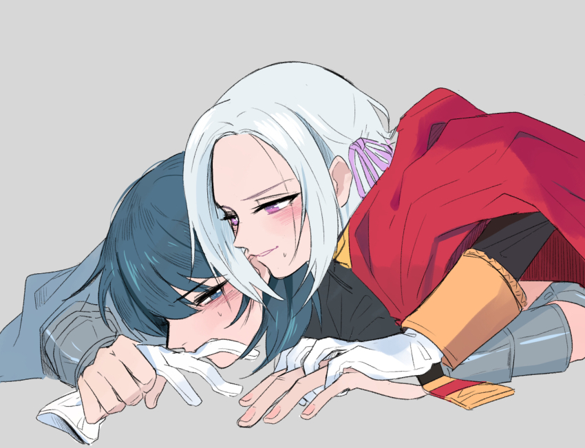 2girls armor blue_eyes blue_hair blush female_byleth_(fire_emblem) cape dark_blue_hair edelgard_von_hresvelg femdom fire_emblem fire_emblem:_three_houses gloves implied_fingering knightym22 long_hair mouth_hold multiple_girls nintendo purple_eyes red_cape short_hair silver_hair smile sweat yuri