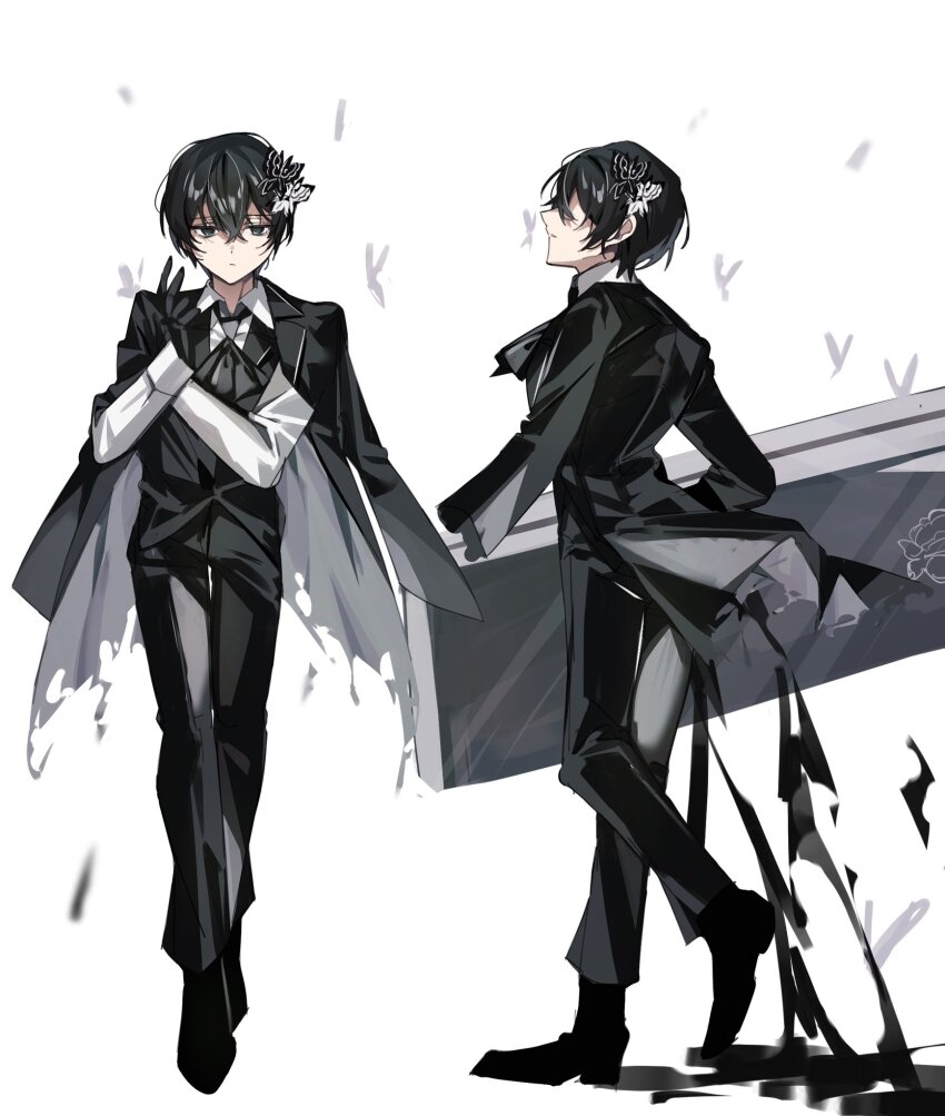 2boys black_footwear black_pants black_suit bug butterfly butterfly_hair_ornament collared_shirt e.g.o_(project_moon) formal_clothes funeral_of_the_dead_butterflies gloves hair_ornament highres holding_coffin insect limbus_company mu46016419 multiple_boys pants project_moon shirt simple_background sinclair_(project_moon) solemn_lament_(e.g.o) suit walking white_background white_shirt yi_sang_(project_moon)