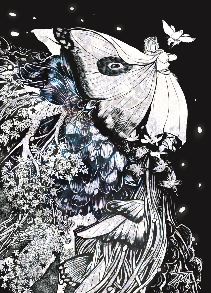 1boy blanca_(fate) boots bug butterfly butterfly_wings cape diamond_hairband fate_(series) greyscale highres insect insect_wings juliet_sleeves leaf long_sleeves male_focus mmmpsychedelic138 monochrome moth oberon_(fate) oberon_(second_ascension)_(fate) petals plant_roots puffy_sleeves robe short_hair signature solo wings