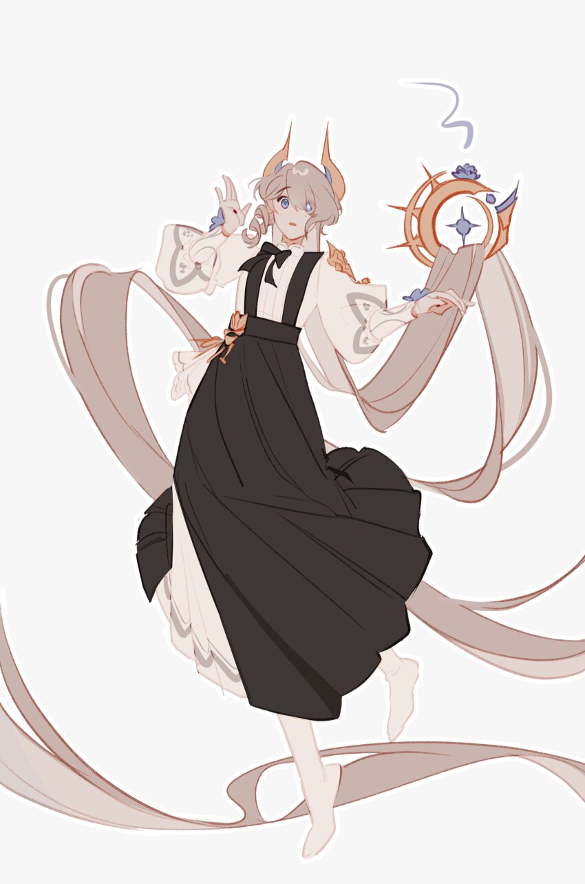 1girl absurdres black_skirt blue_eyes charm_(object) hands_up highres horns long_hair original own_hands_clasped own_hands_together paper skirt solo veil white_undershirt yellow_horns ylceon