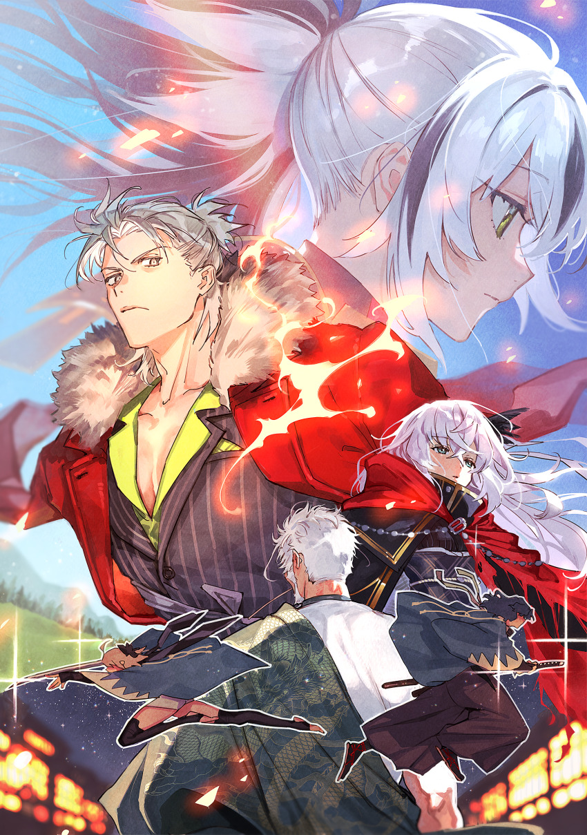 3boys 3girls absurdres black_hair black_thighhighs blonde_hair blue_eyes cape coat coat_on_shoulders fate/grand_order fate_(series) feather_hair_ornament feathers fire formal_clothes fur-trimmed_coat fur_trim green_eyes grey_eyes grey_hair hair_ornament hakama haori highres japanese_clothes katana long_hair multicolored_hair multiple_boys multiple_girls nagakura_shinpachi_(fate) nagao_kagetora_(fate) okita_souji_(fate) okita_souji_(koha-ace) ponytail red_cape saika_magoichi_(fate) saitou_hajime_(fate) saitou_hajime_(third_ascension)_(fate) striped_suit suit sword takeda_shingen_(fate) thighhighs toeless_legwear two-tone_hair uesugi_kenshin_(fate) uni_(nico02) weapon white_hair