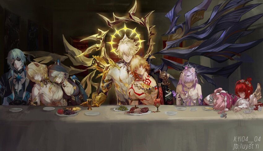 3boys 5girls abs aglaea_(honkai:_star_rail) anaxa_(honkai:_star_rail) aqua_hair arm_tattoo armlet artist_name asymmetrical_wings black_coat blonde_hair braid castorice_(honkai:_star_rail) chest_tattoo cipher_(honkai:_star_rail) closed_eyes coat commentary cracked_skin dress earrings english_commentary eyepatch facial_tattoo fine_art_parody flower gold_earrings gold_necklace gradient_hair hair_between_eyes hair_flower hair_ornament hair_over_shoulder halo halo_behind_head highres hood hood_up hyacine_(honkai:_star_rail) jewelry laurel_crown low_ponytail medium_hair multicolored_hair multiple_boys multiple_girls mydei_(honkai:_star_rail) necklace open_clothes open_coat parody phainon_(honkai:_star_rail) pink_hair ponytail purple_dress red_hair red_tattoo side_braid sleeveless sleeveless_dress table tattoo the_last_supper tiara toned toned_male tribbie_(honkai:_star_rail) twitter_username white_dress wings yellow_blood yellow_halo yi04_04