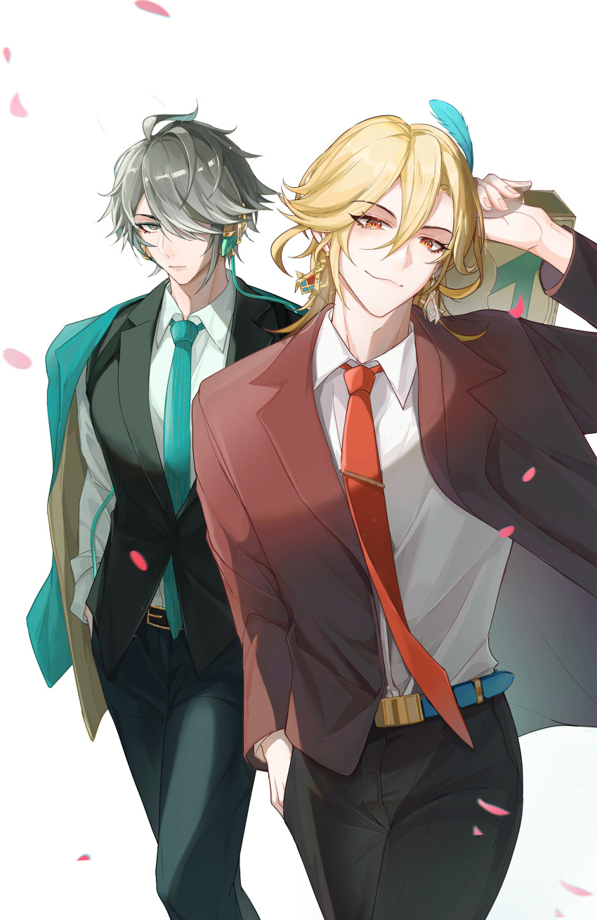 2boys absurdres alhaitham_(genshin_impact) aqua_eyes aqua_hair aqua_jacket aqua_necktie belt black_belt black_jacket black_pants blonde_hair blue_belt brown_jacket closed_mouth earrings feather_hair_ornament feathers genshin_impact grey_hair hair_between_eyes hair_ornament hair_over_one_eye highres jacket jewelry kaveh_(genshin_impact) long_hair long_sleeves looking_at_viewer male_focus multicolored_hair multiple_boys necktie pants red_necktie shenjudongmandabanban shirt short_hair smile white_background white_shirt