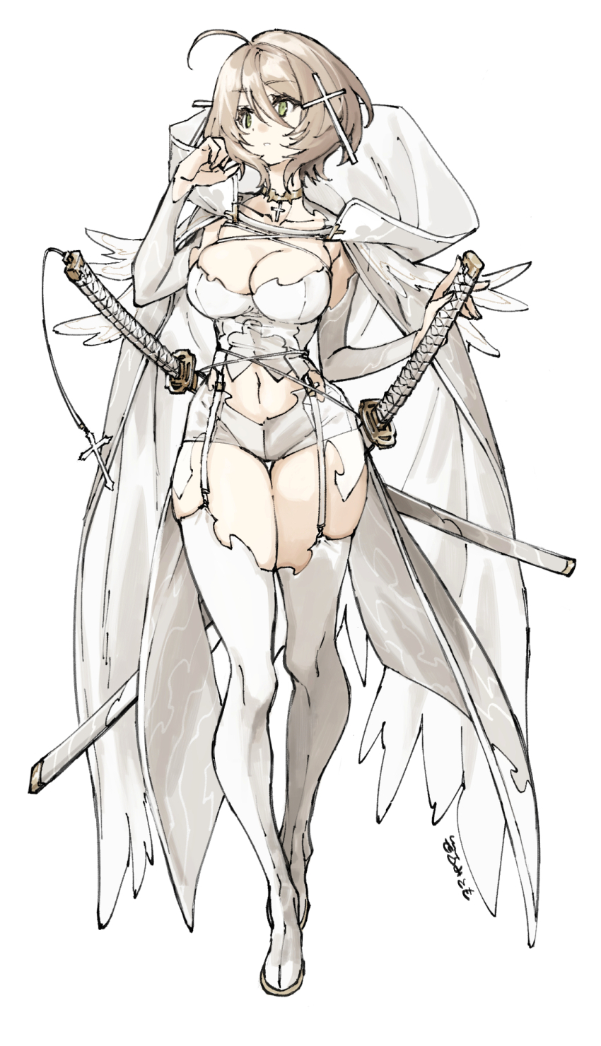 1girl breasts brown_hair character_request cleavage copyright_request full_body green_eyes highres katana large_breasts revealing_clothes sasami_(ki) short_hair shorts simple_background solo sword vest weapon white_background white_shorts white_vest