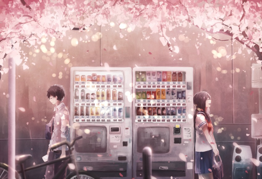1boy 1girl bad_id bad_pixiv_id bag bicycle black_hair cherry_blossoms closed_eyes domik holding long_hair open_mouth original petals recycle_bin school_bag school_uniform serafuku short_hair smile spring_(season) vending_machine