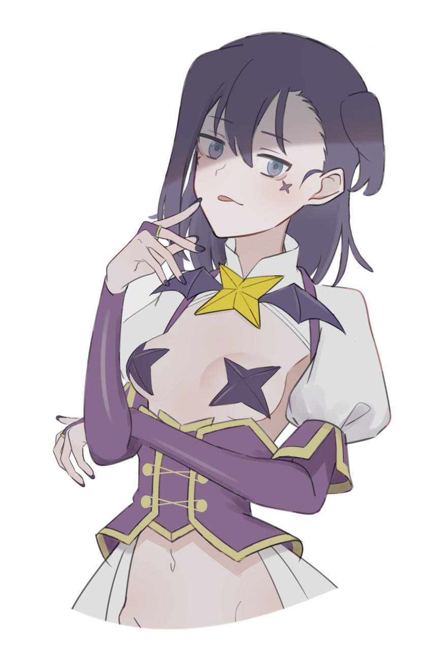 1girl bat_wings breasts bridal_gauntlets commentary_request corset cosplay cross cross_facial_mark facial_mark groin highres kiriko_edo looking_at_viewer magia_baiser magia_baiser_(cosplay) magical_girl mahou_shoujo_ni_akogarete miyauchi_hikage navel non_non_biyori pasties puffy_short_sleeves puffy_sleeves purple_corset purple_hair revealing_clothes riding_crop short_sleeves shrug_(clothing) simple_background solo star_(symbol) star_pasties tongue tongue_out white_background wings