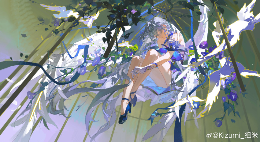1girl absurdres bird birdcage blue_footwear blue_ribbon cage closed_eyes detached_sleeves dress facial_mark feathered_wings flower full_body gloves grey_hair high_heels highres honkai:_star_rail honkai_(series) in_cage kizumi leaf long_hair morning_glory off-shoulder_dress off_shoulder plant purple_dress purple_flower ribbon robin_(honkai:_star_rail) short_sleeves solo two-tone_dress very_long_hair vines watermark weibo_watermark white_bird white_gloves white_wings wings