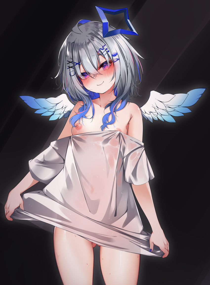 1girl absurdres ahoge amane_kanata amane_kanata_(another_world) angel_wings bare_shoulders blue_hair blush breasts colored_inner_hair feathered_wings gluteal_fold gradient_wings grey_hair hair_between_eyes hair_ornament hairclip halo heart heart-shaped_pupils highres hololive kana616 long_hair looking_at_viewer multicolored_hair multicolored_wings naked_shirt nipples off_shoulder purple_eyes shirt small_breasts smile solo star_halo symbol-shaped_pupils virtual_youtuber wings