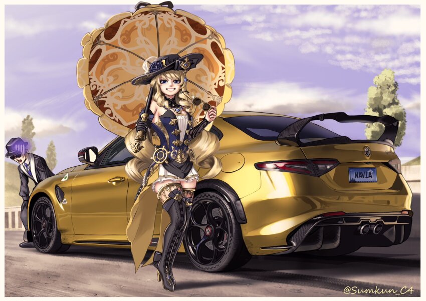 1boy 1girl alfa_romeo alfa_romeo_giulia alfa_romeo_giulia_quadrifoglio artist_name black_boots black_gloves black_jacket black_pants blonde_hair blue_corset blue_eyes blue_flower blue_necktie boots car cloud collared_shirt corset detached_sleeves drill_hair drill_sidelocks flower genshin_impact glint gloves gold_car hat hat_flower high_heel_boots high_heels highres holding holding_removed_eyewear holding_umbrella jacket leaning_forward license_plate long_hair looking_at_viewer motor_vehicle navia_(genshin_impact) necktie open_mouth pants parted_lips shadow shirt sidelocks single_glove skirt sky smile spoiler_(automobile) standing sumakun sunglasses thigh_boots tree twitter_username umbrella unworn_eyewear vehicle_focus very_long_hair white_shirt white_skirt
