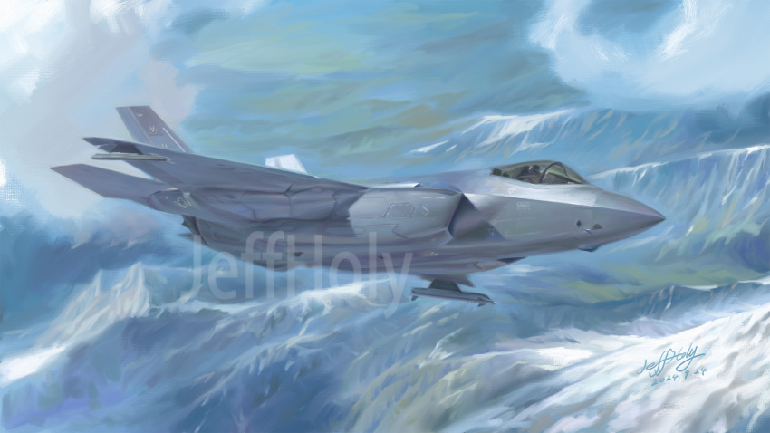 aircraft airplane commentary dated drawing_practice english_commentary f-35_lightning_ii fighter_jet highres jeffholy military_vehicle mountain no_humans original signature united_states_air_force vehicle_focus watermark
