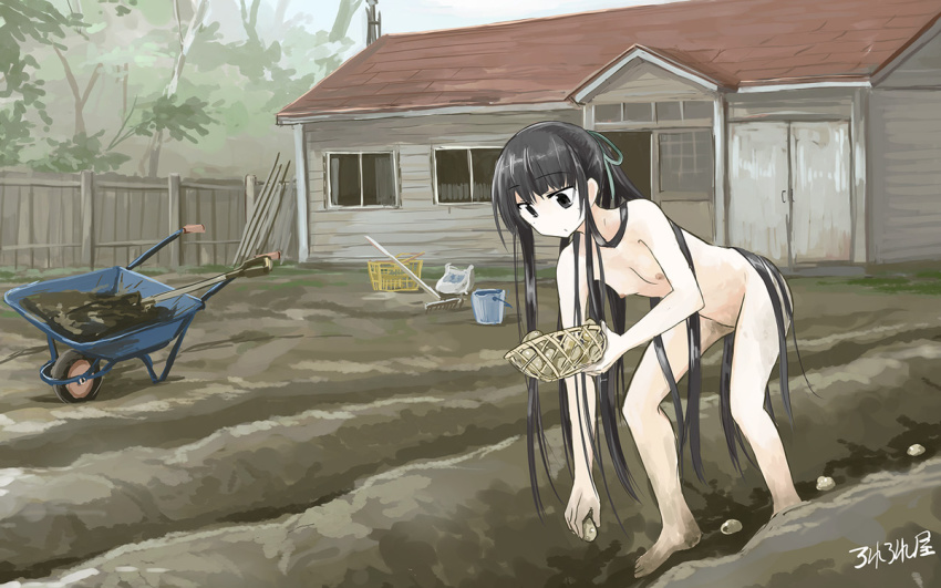 1girl barefoot bent_over black_eyes black_hair building casual_nudity completely_nude day dirty dirty_feet fence flat_chest holding long_hair looking_down nipples no_nose nude original outdoors parted_lips planting rake roreru_(rorerore-ya) signature solo very_long_hair wheelbarrow
