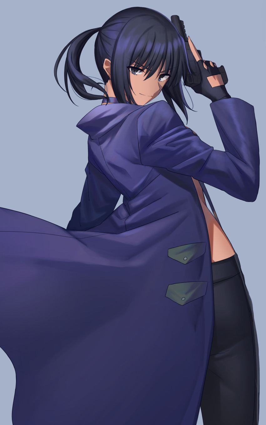 1girl 428 428:_fuusa_sareta_shibuya_de absurdres alphard_(canaan) bad_id bad_pixiv_id black_eyes black_gloves black_hair black_pants blue_coat canaan_(series) closed_mouth coat fingerless_gloves floating_hair gloves grey_background gun handgun highres holding holding_gun holding_weapon long_hair long_sleeves looking_at_viewer looking_back okakasushi open_clothes open_coat pants ponytail sidelocks simple_background smile solo standing weapon