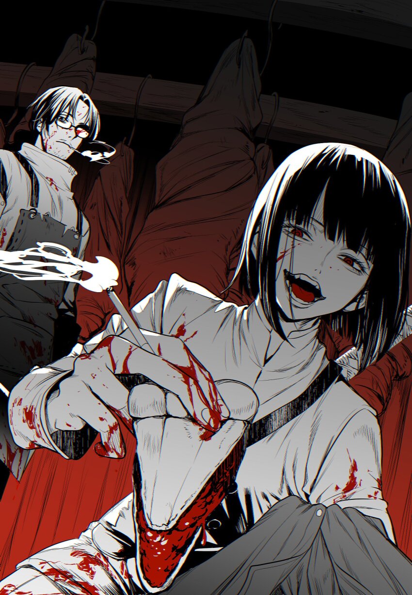 1boy 1girl apron blood blood_on_clothes blood_on_face blood_on_hands chef food glasses gregor_(project_moon) greyscale highres implied_cannibalism jacket limbus_company long_sleeves maki_maki_(makimakipoipoi) meat meat_pie monochrome open_mouth pov project_moon r.b._(identity)_(project_moon) red_eyes ryoshu_(project_moon) smile spot_color