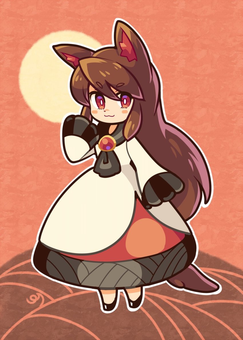 1girl :3 animal_ears black_footwear blush brown_hair chibi closed_mouth highres imaizumi_kagerou long_hair long_sleeves looking_at_viewer pmx red_eyes smile solo tail touhou wolf_ears wolf_girl wolf_tail