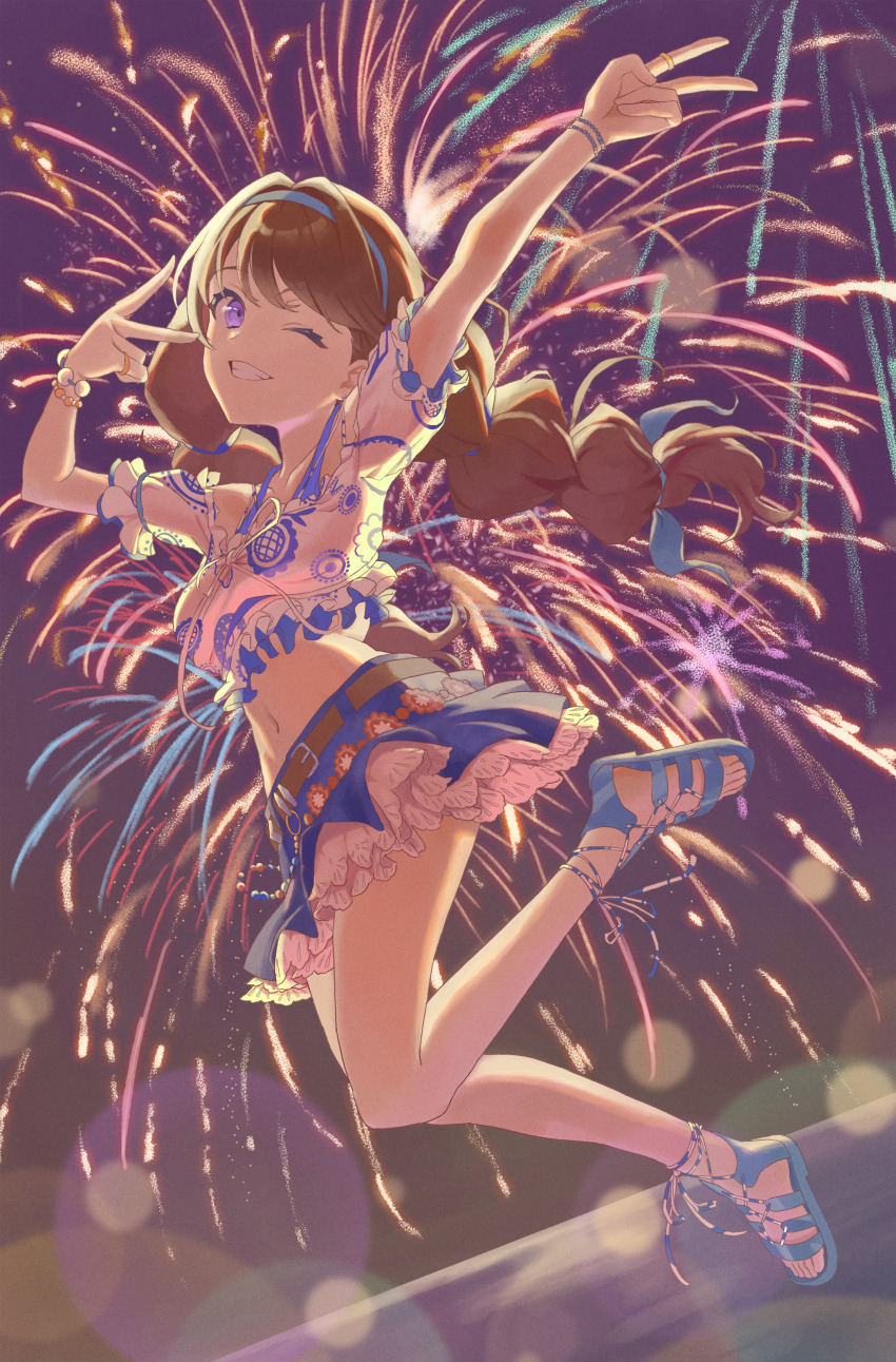 1girl ;d absurdres aerial_fireworks blue_hairband blue_sandals breasts brown_hair collarbone cropped_shirt fireworks frilled_shirt frilled_skirt frills fujishima_megumi full_body grin hair_intakes hairband highres inward_v link!_like!_love_live! long_hair looking_at_viewer love_live! low_twintails medium_breasts midriff miniskirt multi-tied_hair natsumeki_pain navel off_shoulder official_alternate_costume official_alternate_hairstyle one_eye_closed open_mouth puffy_short_sleeves puffy_sleeves purple_eyes sandals shirt short_sleeves skirt smile solo sunkeun twintails v v_over_eye virtual_youtuber white_shirt
