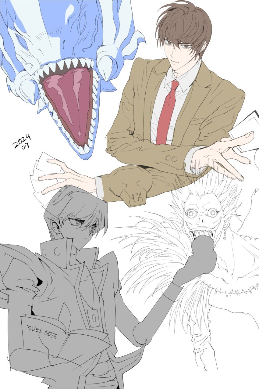 3boys apple blue-eyes_white_dragon brown_eyes brown_hair brown_jacket card collared_shirt dated death_note death_note_(object) dragon earrings food fruit hair_between_eyes hair_slicked_back highres holding holding_card holding_food holding_fruit holding_notebook jacket jewelry kaiba_seto kinbakuoujii male_focus multiple_boys necktie notebook open_mouth popped_collar red_necktie ryuk sharp_teeth shinigami shirt short_hair suit_jacket teeth upper_body white_background white_shirt wide-eyed yagami_light yu-gi-oh! yu-gi-oh!_duel_monsters