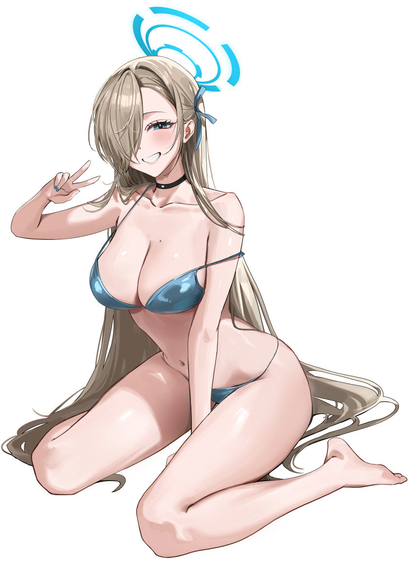 1girl absurdly_long_hair absurdres asuna_(blue_archive) bikini black_choker blonde_hair blue_archive blue_bikini blue_eyes blue_halo blue_nails blue_ribbon blush breasts choker cleavage collarbone full_body grin hair_over_one_eye hair_ribbon halo highres large_breasts long_hair navel pibag ribbon simple_background sitting smile solo stomach strap_slip swimsuit teeth thighs v very_long_hair wariza white_background