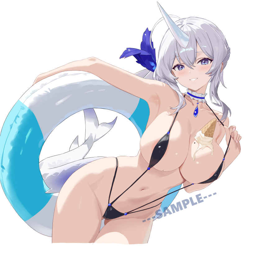 1girl absurdres areola_slip armpits bare_shoulders black_slingshot_swimsuit breasts check_copyright choker cleavage collarbone commission copyright_request covered_erect_nipples cream_on_breasts cropped_legs food frilled_choker frills gluteal_fold grin hand_up highres horns ice_cream innertube large_breasts long_hair looking_at_viewer mole mole_on_breast navel original pulling_own_clothes purple_eyes side_ponytail simple_background single_horn skindentation slingshot_swimsuit smile solo spaghetti_strap stomach strap_pull swim_ring swimsuit tail thigh_gap thighs white_background white_hair youtanhuayuan255