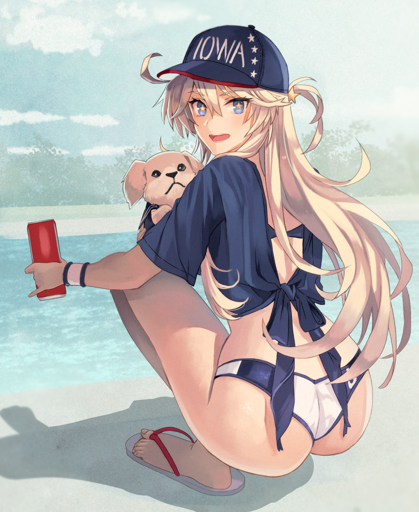 1girl animal ass back baseball_cap bikini bikini_bottom_only blonde_hair blue_eyes blue_shirt can commentary dog from_behind full_body hair_between_eyes hat highres holding holding_can iowa_(kancolle) iowa_(swimsuit)_(kancolle) kantai_collection kasumi_(skchkko) long_hair looking_at_viewer looking_back open_mouth print_headwear puppy sandals shirt side_ahoge smile solo squatting star-shaped_pupils star_(symbol) swimsuit symbol-shaped_pupils thighs tied_shirt victory_(dog) water wedgie wristband