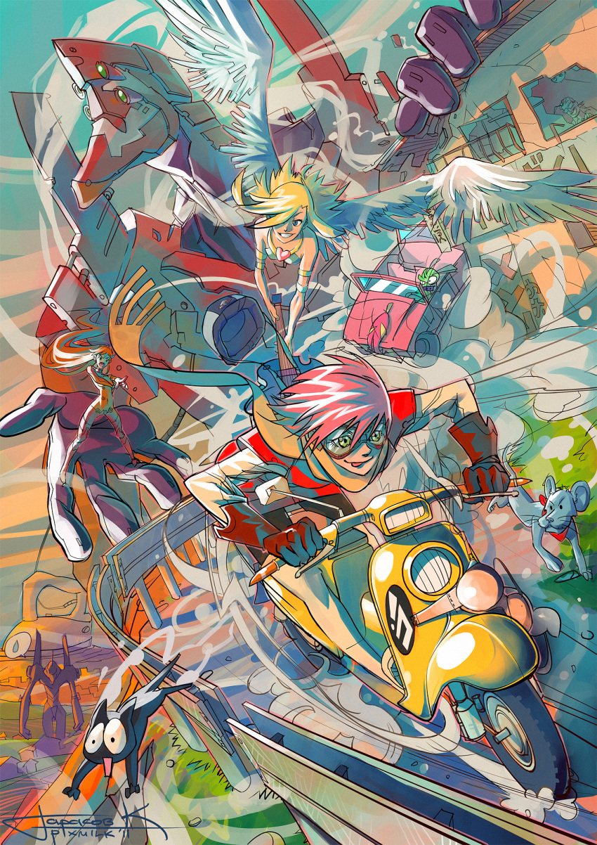 00s 10s 1990s_(style) 3girls :d :p angel_wings armlet bare_shoulders blonde_hair blue_eyes bra broken_glass car cat chasing chuck_(psg) clothes_iron company_connection crossover dog dust eva_01 eva_02 flcl fushigi_no_umi_no_nadia gainax glass gloves goggles guitar haruhara_haruko heart highres hummer instrument jewelry king_(nadia) lingerie lion long_hair mecha_pilot_suit motion_lines motor_vehicle multiple_girls nandaba_kamon necklace neon_genesis_evangelion open_mouth panty_&amp;_stocking_with_garterbelt panty_(psg) pink_hair pixmilk plugsuit_(evangelion) pointing railing rebuild_of_evangelion red_hair retro_artstyle revision road scarf scooter see-through_(psg) short_hair signature smile souryuu_asuka_langley speed_lines sweatdrop takkun takkun_(flcl) test_plugsuit_(evangelion) tongue tongue_out underwear vespa wings yellow_eyes