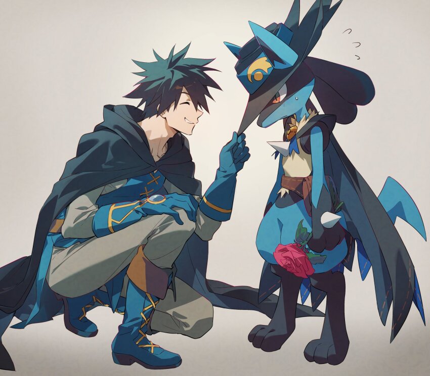 1boy black_cloak black_hair black_hat blue_fur blue_vest body_fur cloak closed_eyes dog flower gen_4_pokemon grey_background grey_pants grey_shirt hat highres holding holding_flower hood hooded_cloak kneeling lucario nintendo pants pkgllllllv pokemon pokemon:_lucario_and_the_mystery_of_mew pokemon_(anime) pokemon_rse_(anime) red_flower red_rose rose shirt simple_background sir_aaron spikes vest