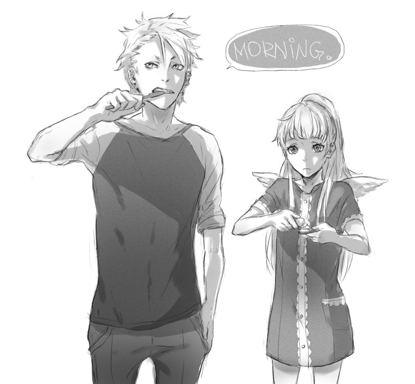 1boy 1girl angel_wings brushing_teeth dogs:_bullets_&amp;_carnage earrings greyscale haine_rammsteiner hand_in_pocket highres jewelry monochrome nadzomi_viro nill ponytail raglan_sleeves simple_background toothbrush toothpaste white_background wings