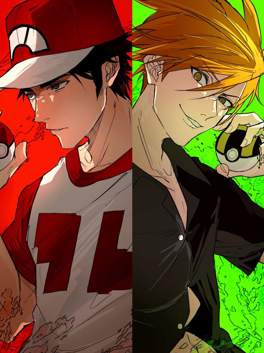 2boys arm_up baseball_cap black_hair black_shirt blue_oak brown_eyes brown_hair collarbone collared_shirt crew_neck hair_between_eyes hat highres holding holding_poke_ball looking_ahead male_focus multiple_boys nintendo open_collar parted_lips poke_ball poke_ball_(basic) pokemon pokemon_sm print_shirt red_(pokemon) shirt short_hair short_sleeves sideburns sinm_i smile t-shirt teeth ultra_ball uneven_eyes