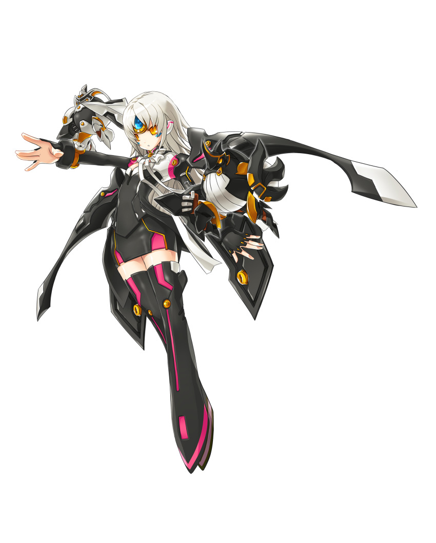 1girl :o black_boots black_dress black_gloves black_wings blue_gemstone boots bracelet dress elsword eve_(elsword) expressionless fingerless_gloves forehead_jewel full_body game_cg gem gloves grey_hair half_gloves highres jewelry joints leg_up long_hair long_sidelocks long_sleeves looking_ahead marking_on_cheek mechanical_wings moby_(elsword) official_art orange_eyes outstretched_arm parted_lips remy_(elsword) ress robot robot_joints second-party_source short_dress sidelocks solo standing tachi-e thigh_boots transparent_background very_long_hair wings