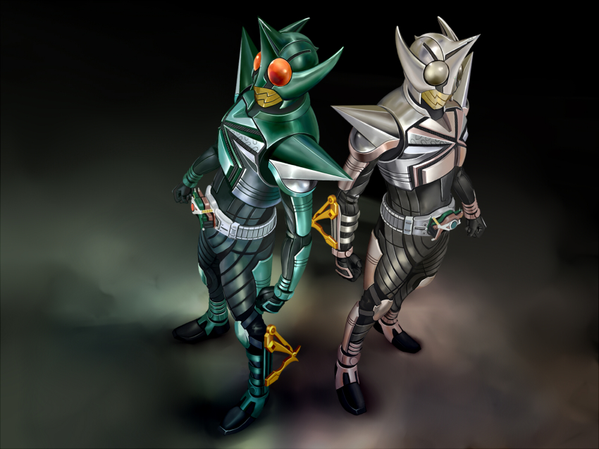 2boys armor belt bodysuit full_body helmet highres kamen_rider kamen_rider_kabuto_(series) kamen_rider_kick_hopper kamen_rider_punch_hopper kiyoshi☆mon machinery multiple_boys sei_mon standing