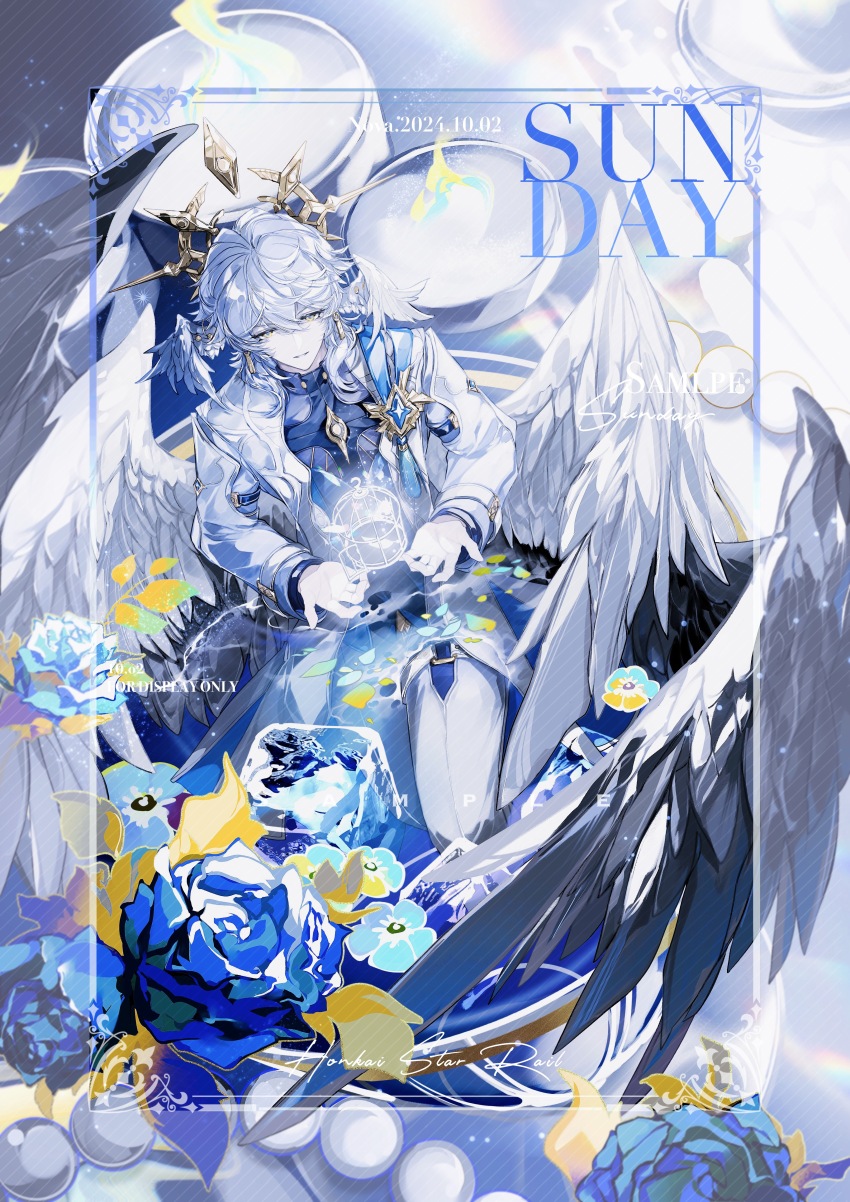 1boy absurdres angel angel_wings birdcage black_wings blue_flower blue_rose blue_shirt brooch cage candle character_name coat cup cupping_hands dated earrings feathered_wings feet_out_of_frame flower from_above gem gloves gold_earrings grey_hair grey_pants hair_between_eyes halo halo_behind_head head_wings highres honkai:_star_rail honkai_(series) ice ice_cube in_container in_cup jewelry long_sleeves looking_at_object male_focus medium_hair multiple_wings nnnnnova object_floating_above_hand own_hands_together pants parted_lips partially_submerged pearl_(gemstone) petals petals_on_liquid piercing rose sample_watermark shirt sitting smile solo spiked_halo sunday_(honkai:_star_rail) turtleneck water watermark white_coat white_gloves white_wings wing_piercing wings yellow_eyes