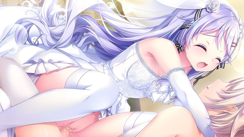 1boy 1girl arm_around_neck bridal_veil censored closed_eyes dress elbow_gloves floating_hair flower game_cg girl_on_top gloves hair_flower hair_ornament hair_ribbon hetero hoshi_no_otome_to_rikka_no_shimai long_hair mosaic_censoring mutou_kurihito nanotaro no_panties open_mouth penis ribbon rose sex short_dress strapless strapless_dress striped_ribbon thighhighs vaginal veil very_long_hair wedding_dress white_dress white_flower white_gloves white_hair white_rose yamabuki_alice yamabuki_yuki