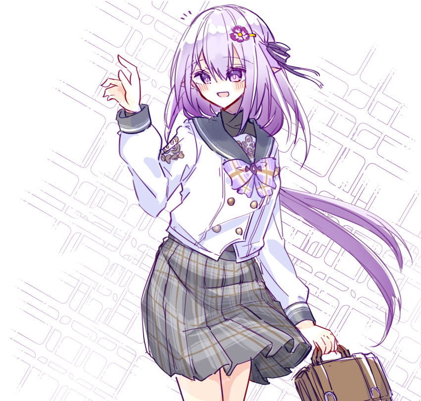 1girl alternate_costume bag bow bowtie brown_bag buttons castorice_(honkai:_star_rail) commentary_request cosplay cowboy_shot double-breasted firefly_(honkai:_star_rail) firefly_(honkai:_star_rail)_(cosplay) firefly_(spring_missive)_(honkai:_star_rail) grey_sailor_collar grey_skirt hair_between_eyes hair_ornament hair_ribbon hand_up highres holding holding_bag honkai:_star_rail honkai_(series) long_hair long_sleeves looking_at_viewer open_mouth plaid_bow plaid_bowtie plaid_clothes plaid_skirt pointy_ears purple_bow purple_bowtie purple_eyes purple_hair ribbon sabtama111 sailor_collar school_bag school_uniform serafuku shirt skirt solo very_long_hair white_background white_shirt