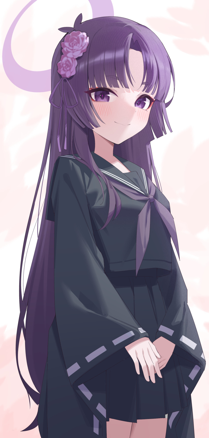 1girl absurdres antenna_hair black_serafuku blue_archive blush curtained_hair flower hair_flower hair_ornament halo highres jei_(user_tckk7448) long_hair long_sleeves neckerchief pleated_skirt purple_eyes purple_hair purple_neckerchief school_uniform serafuku simple_background skirt smile solo very_long_hair white_background wide_sleeves yukari_(blue_archive)