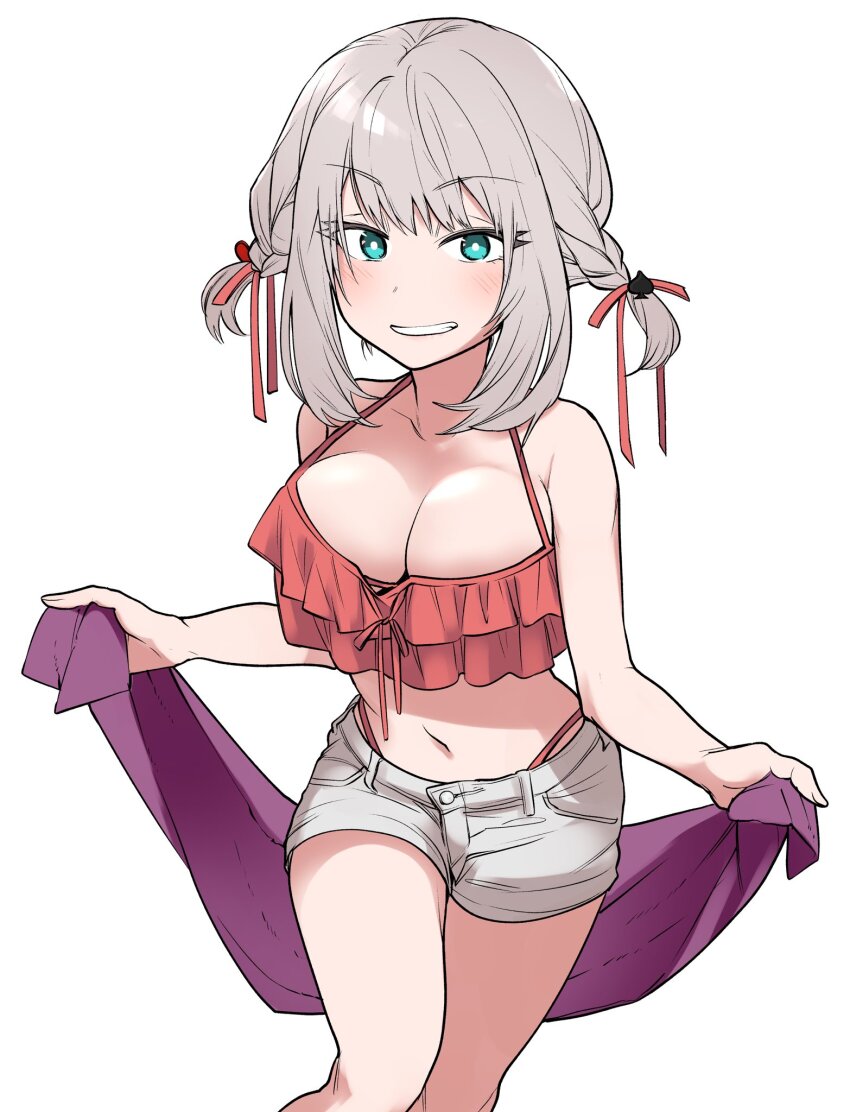 1girl aqua_eyes azu_(azu401) bad_id bad_twitter_id bikini braid breasts bright_pupils cleavage collarbone cowboy_shot frilled_bikini frills grey_hair grey_shorts grin highres holding holding_towel large_breasts long_hair medium_hair navel red_bikini shorts simple_background smile solo stomach swimsuit tejina_senpai tejina_senpai_(series) towel twin_braids white_background white_pupils