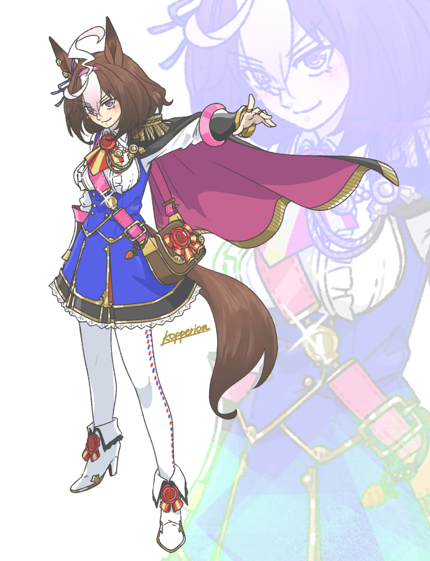 1girl absurdres adapted_costume ahoge alternate_universe animal_ears between_breasts blue_skirt boots breasts brown_bag brown_hair cape epaulettes full_body hair_between_eyes high_heel_boots high_heels highres horse_ears horse_girl horse_tail kopperion large_breasts long_sleeves looking_at_viewer meisho_doto_(umamusume) multicolored_hair pantyhose pink_cape purple_eyes shirt shoes short_hair signature single_epaulette skirt solo strap_between_breasts tachi-e tail two-tone_hair umamusume white_hair white_pantyhose white_shirt white_shoes